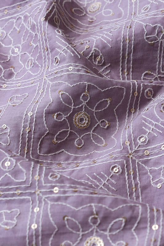 White Thread With Gold Sequins Geometric Embroidery Work On Gray Purple Organic Cotton Fabric