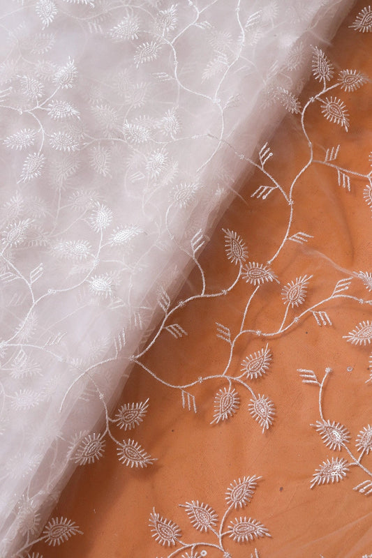 White Thread With Sequins Beautiful Leafy Embroidery On Dyeable White Soft Net Fabric