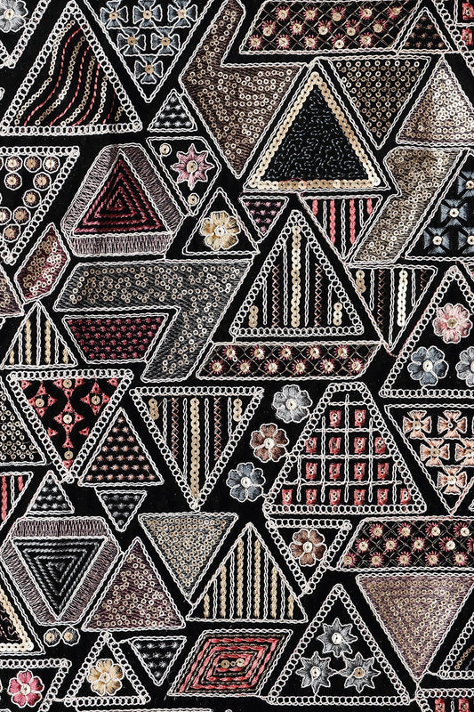 White Thread With Sequins Geometric Heavy Embroidery Work On Navy Blue Velvet Fabric