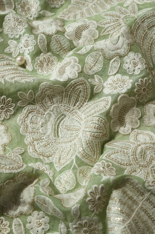 White Thread With Sequins Heavy Floral Embroidery On Parrot Green Viscose Georgette Fabric