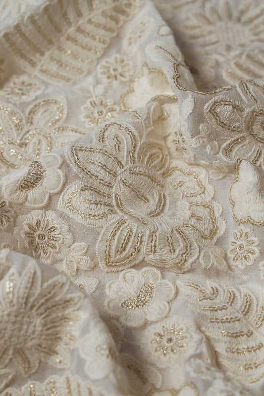 White Thread With Sequins Heavy Floral Embroidery On White Dyeable Viscose Georgette Fabric