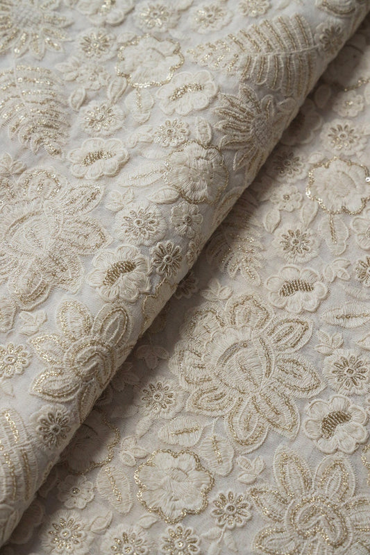 White Thread With Sequins Heavy Floral Embroidery On White Dyeable Viscose Georgette Fabric