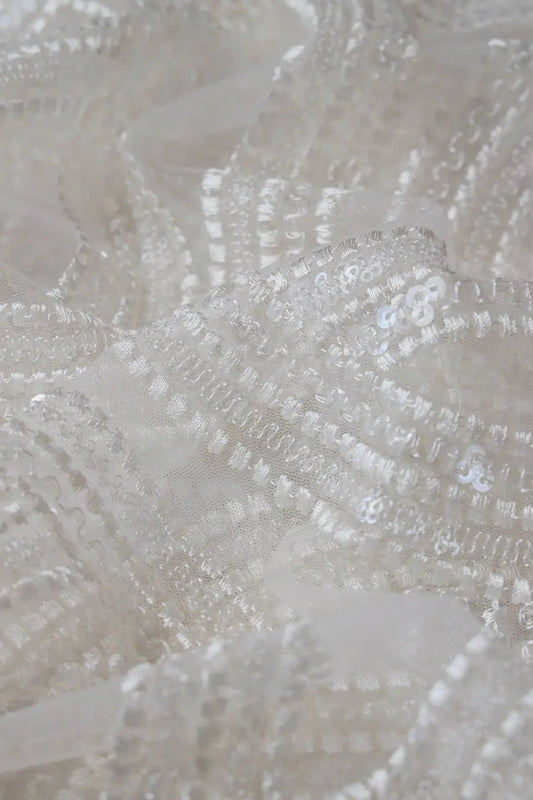 White Thread With Water Sequins Geometric Embroidery On Dyeable White Soft Net Fabric