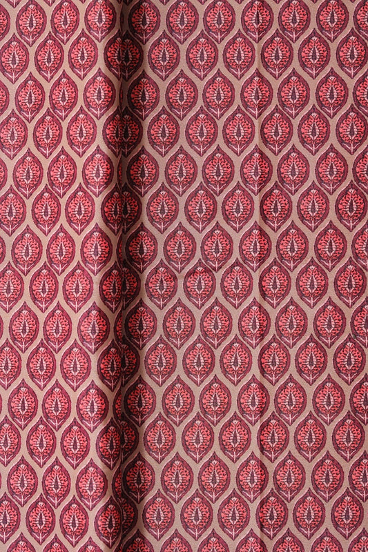 Wine And Peach Ogee Pattern Digital Print On Light Brown Crepe Fabric