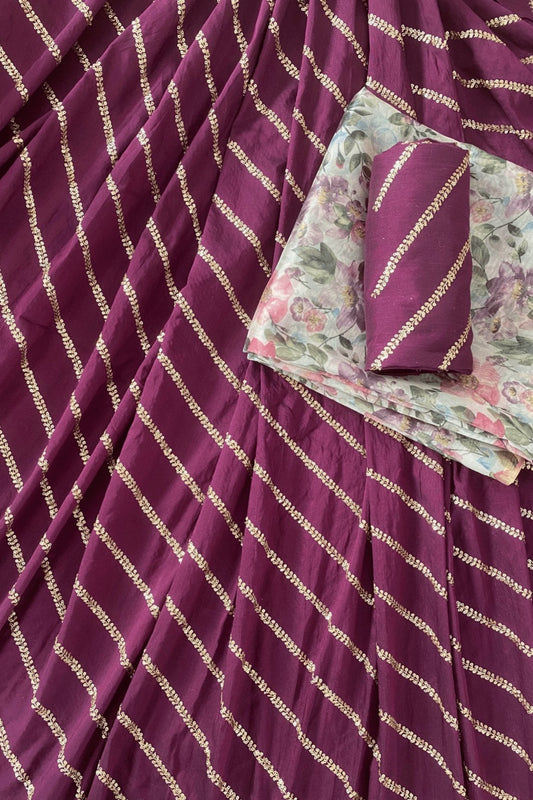 Wine And White Unstitched Lehenga Set Fabric (3 Piece)