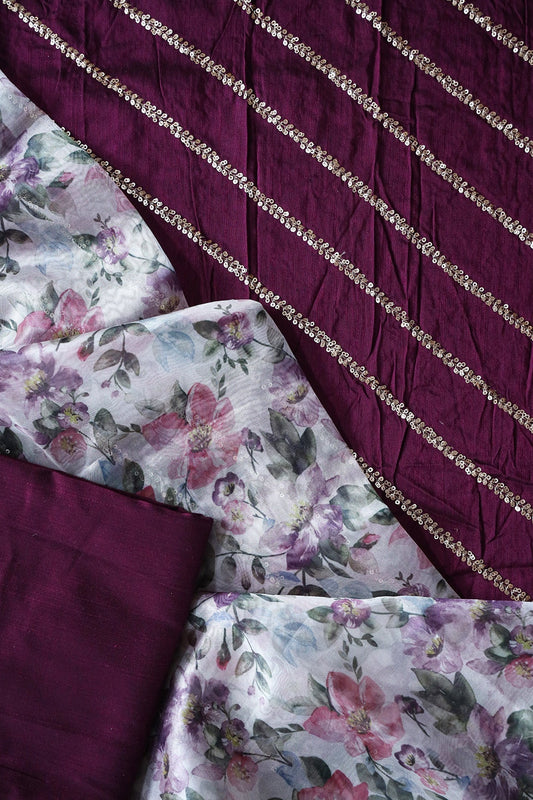 Wine And White Unstitched Suit (3 Piece)