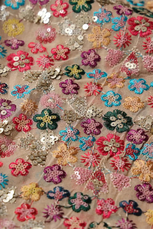 Wonderful Multi Thread With Multi Sequins Floral Embroidery On Beige Viscose Georgette Fabric