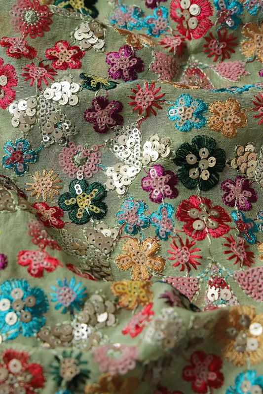 Wonderful Multi Thread With Multi Sequins Floral Embroidery On Olive Viscose Georgette Fabric