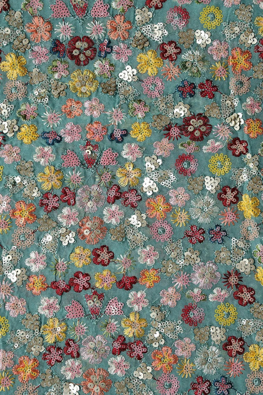 Wonderful Multi Thread With Multi Sequins Floral Embroidery On Teal Viscose Georgette Fabric