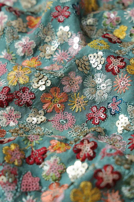 Wonderful Multi Thread With Multi Sequins Floral Embroidery On Teal Viscose Georgette Fabric