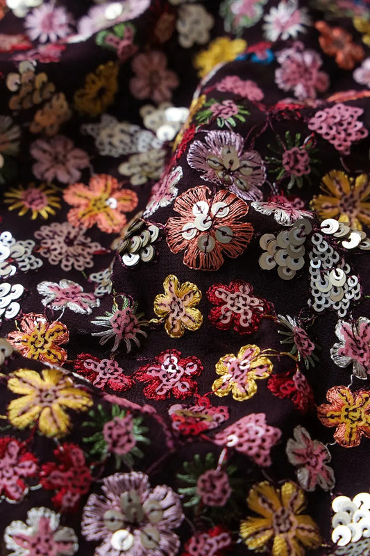 Wonderful Multi Thread With Multi Sequins Floral Embroidery On Wine Viscose Georgette Fabric