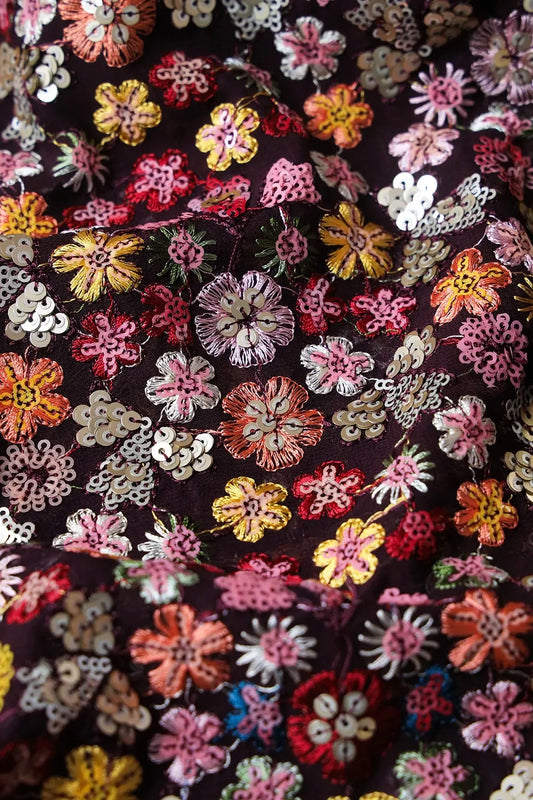 Wonderful Multi Thread With Multi Sequins Floral Embroidery On Wine Viscose Georgette Fabric