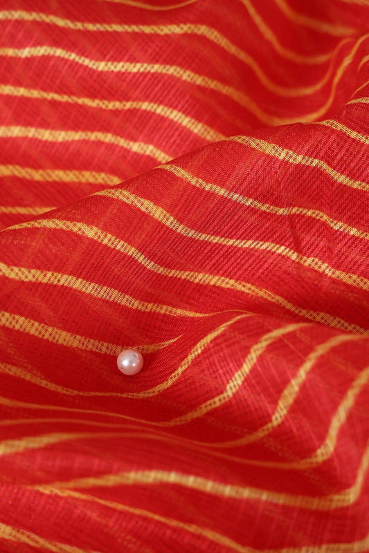 Yellow And Dark Orange Leheriya Print On Kota Doria Fabric