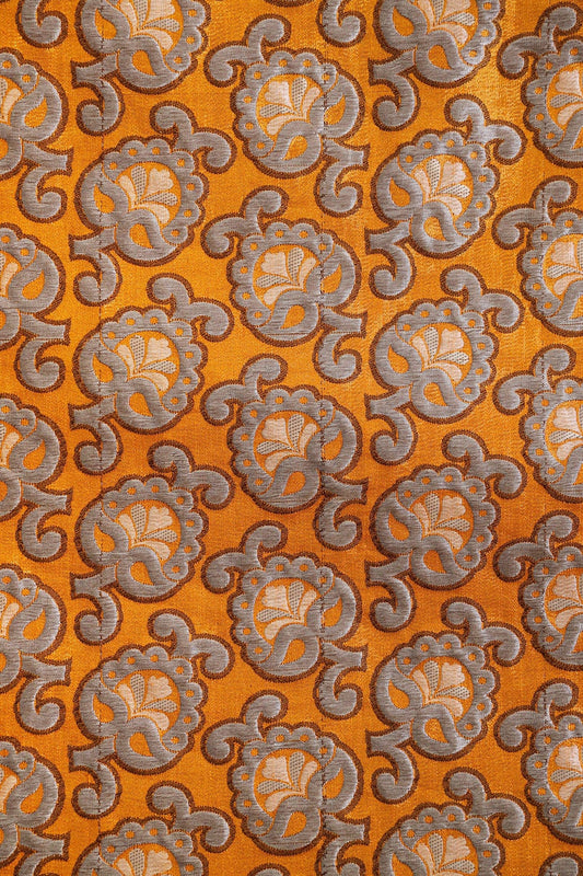 Yellow Ochre And Grey Floral Silk Satin Jute Banarasi Jacquard Fabric