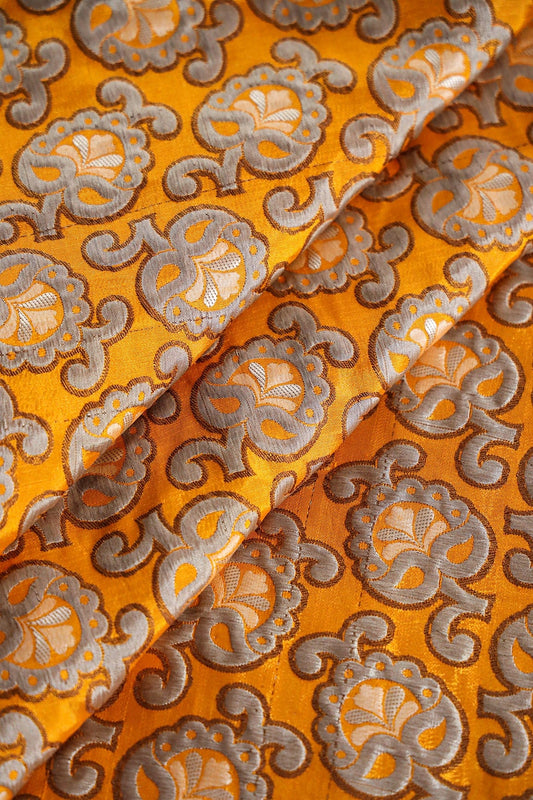 Yellow Ochre And Grey Floral Silk Satin Jute Banarasi Jacquard Fabric