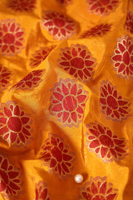 Yellow Ochre And Red Floral Butta Silk Gold Zari Banarasi Jacquard Fabric