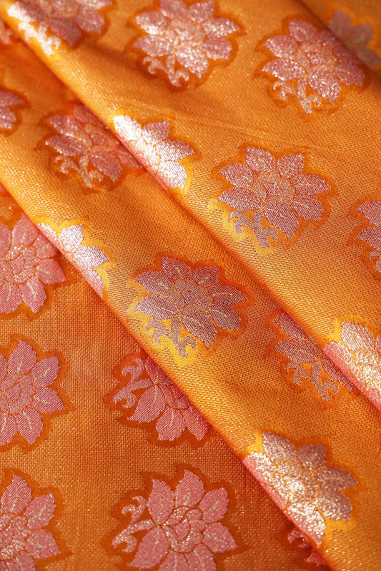 Yellow Ochre Floral Jute Banarasi Gold Zari Jacquard Fabric
