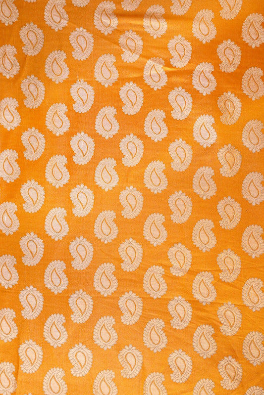 Yellow Ochre Paisley Silk Satin Jute Banarasi Jacquard Fabric