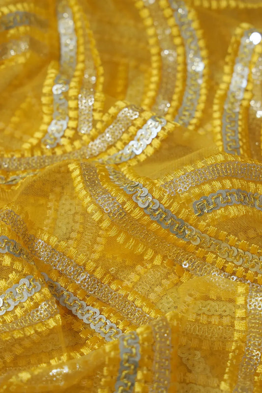 Yellow Thread With Gold And Silver Sequins Geometric Embroidery On Yellow Soft Net Fabric