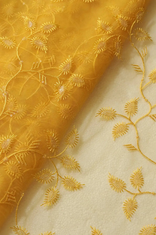 Yellow Thread With Water Sequins Leafy Embroidery On Yellow Soft Net Fabric
