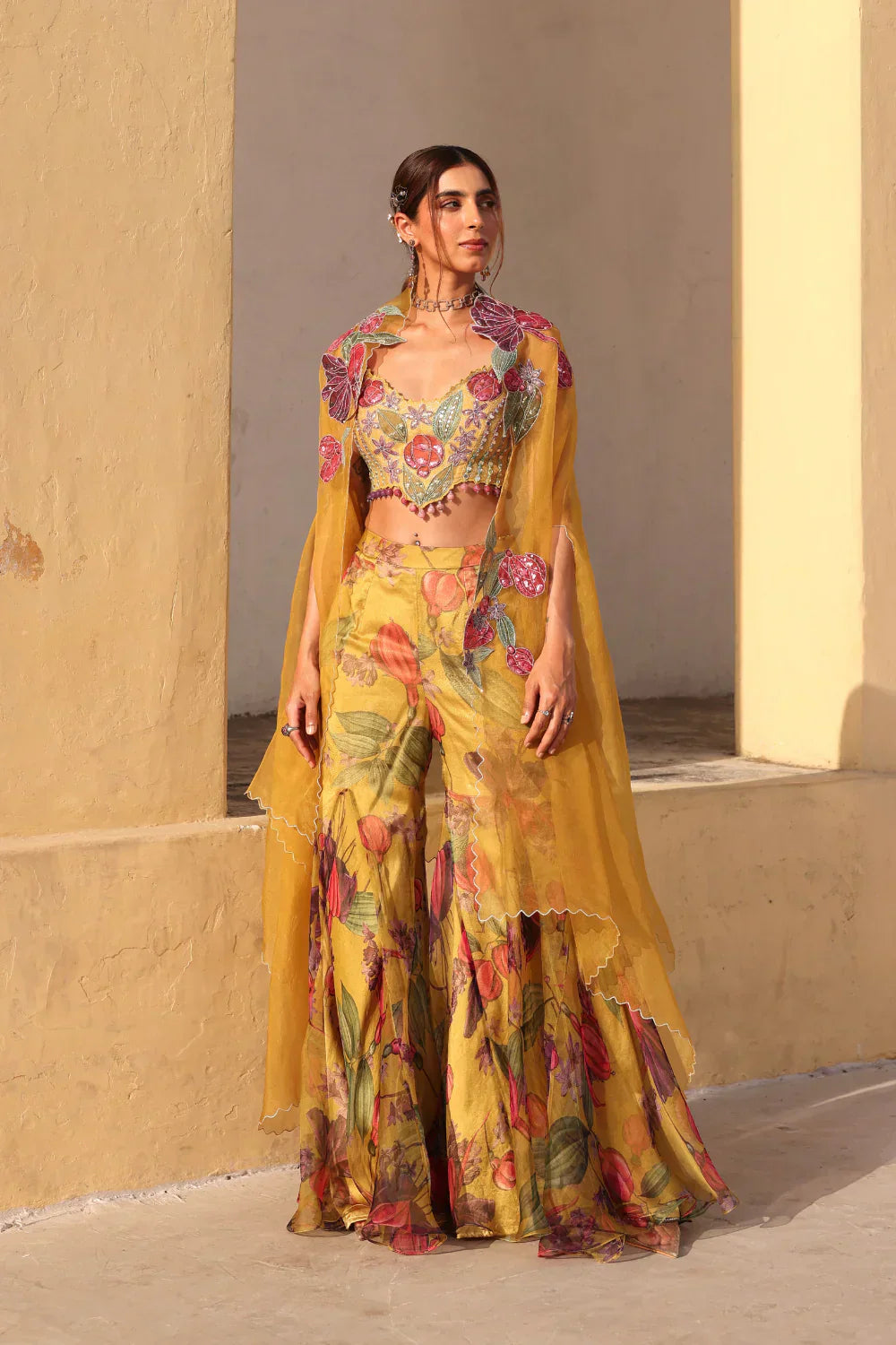 Designer Mustard Meadow Organza Sharara Set